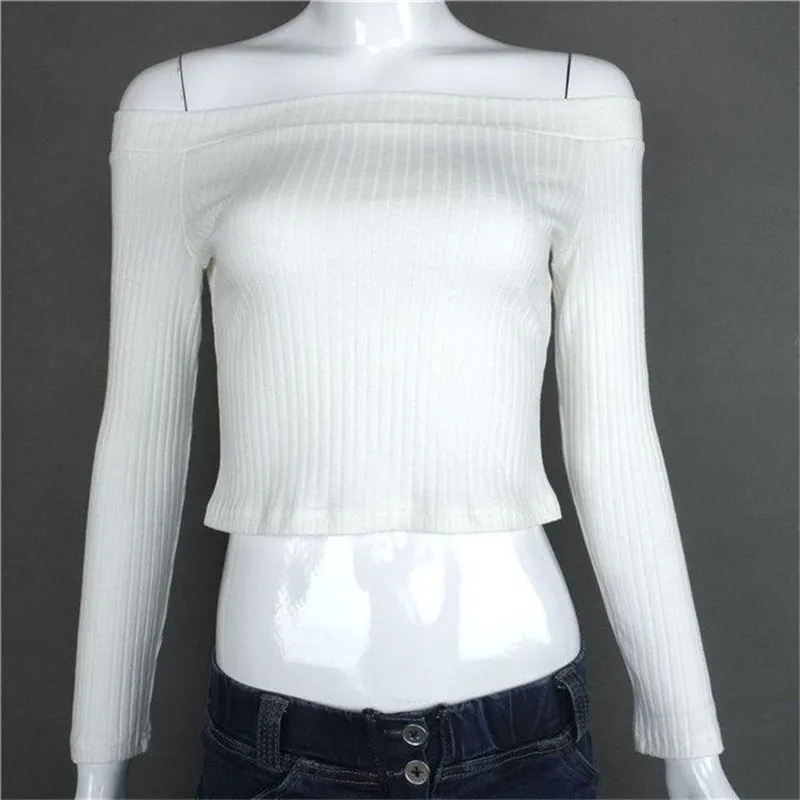 Women Long Sleeve Crop Tops Sexy Basic Solid Black White Lady Casual Tshirt Off Shoulder T Shirts Summer Autumn 220315