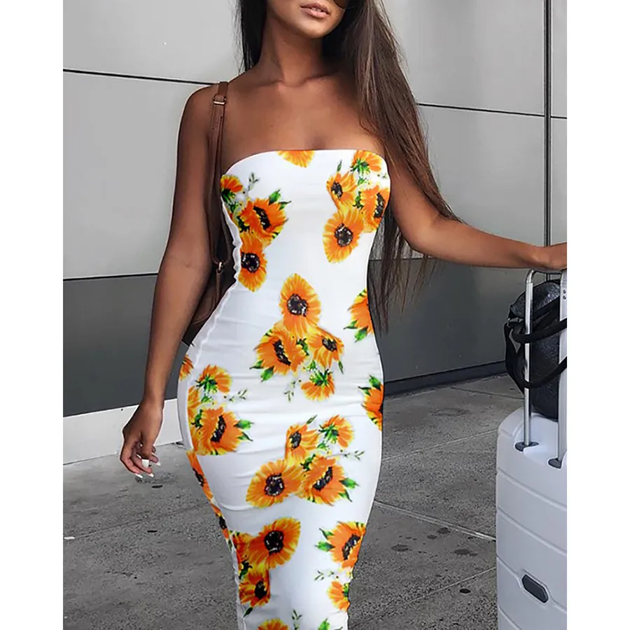 Spring and summer new offtheshoulder sexy ladies dress fashion women's sunflower print long tight dress casual wild sleeveless T200603