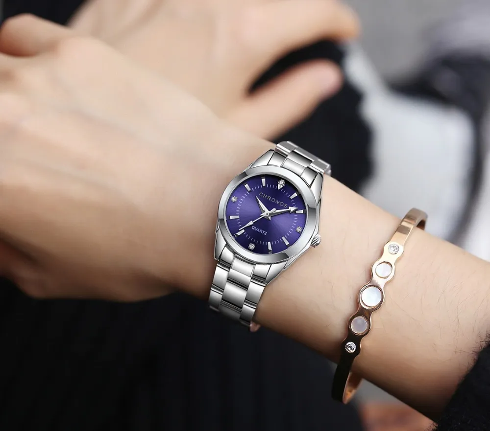 CHRONOS Relojes de cuarzo de acero inoxidable con diamantes de imitación de lujo para mujer, reloj de negocios para mujer, movimiento de cuarzo japonés, reloj femenino 201283P