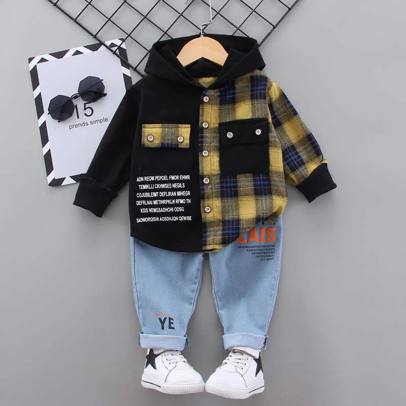 Babyjongen meisje kleding sets peuter jongens hooded sweatshirt korte mouw patroon shirt jas + denim broek kinderen geboren outfits 211224