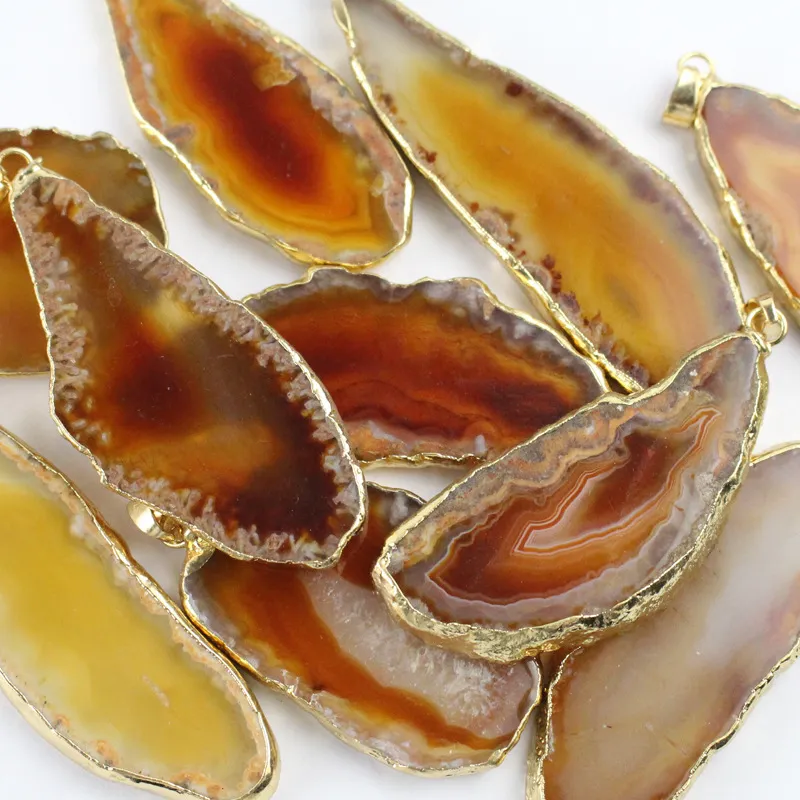 Natural Ágata Cristal Pingente De Pingente Colar Irregular Ouro Cadeado Fatiado Pedra