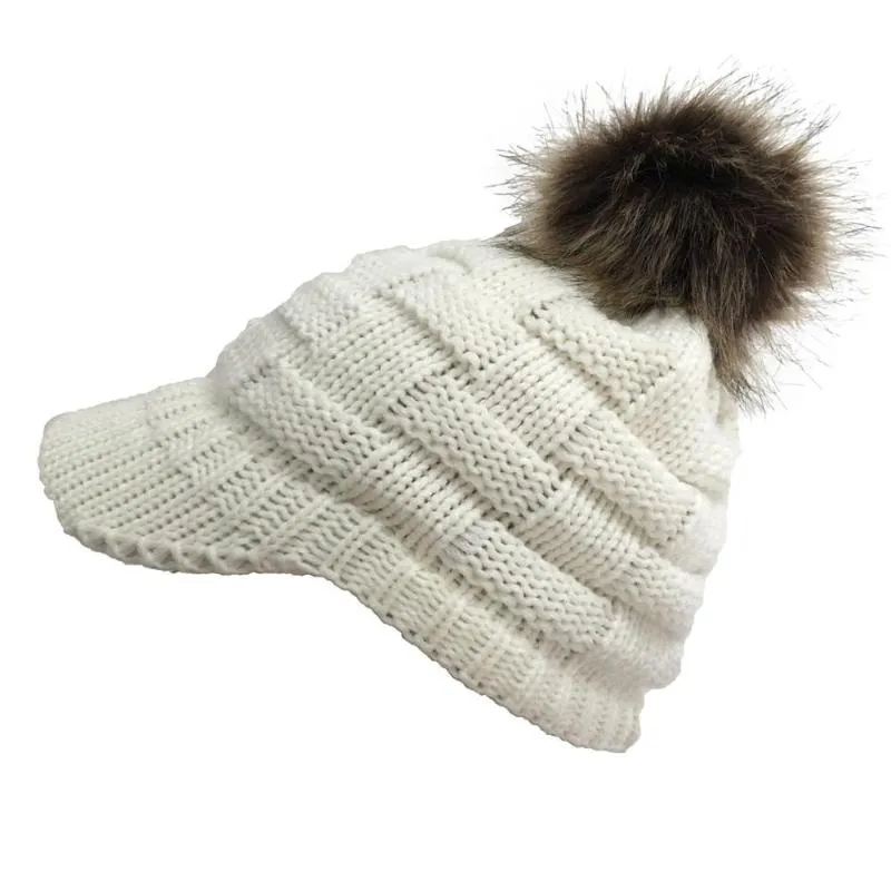 Crochet Baseball Cap Ski hat Women Winter Warm Knit Hat Pom Pom Fur Snow Ski Caps With Visor Beanie Drop3162