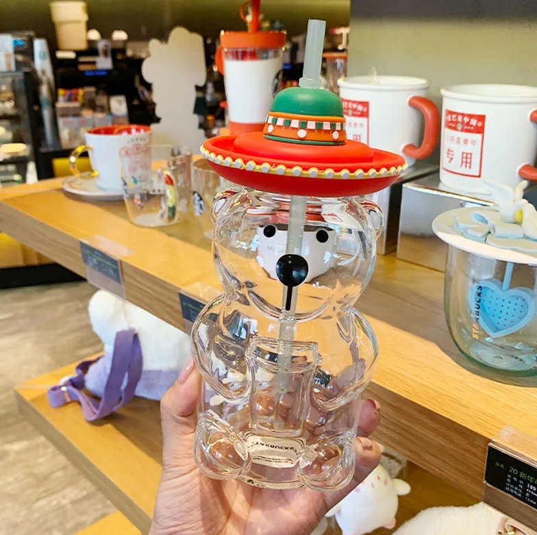 Последняя кружка Starbucks 17 унций, двойная стеклянная кофейная чашка в стиле медведя, очень красивая, силиконовая кепка, поддержка настройки.