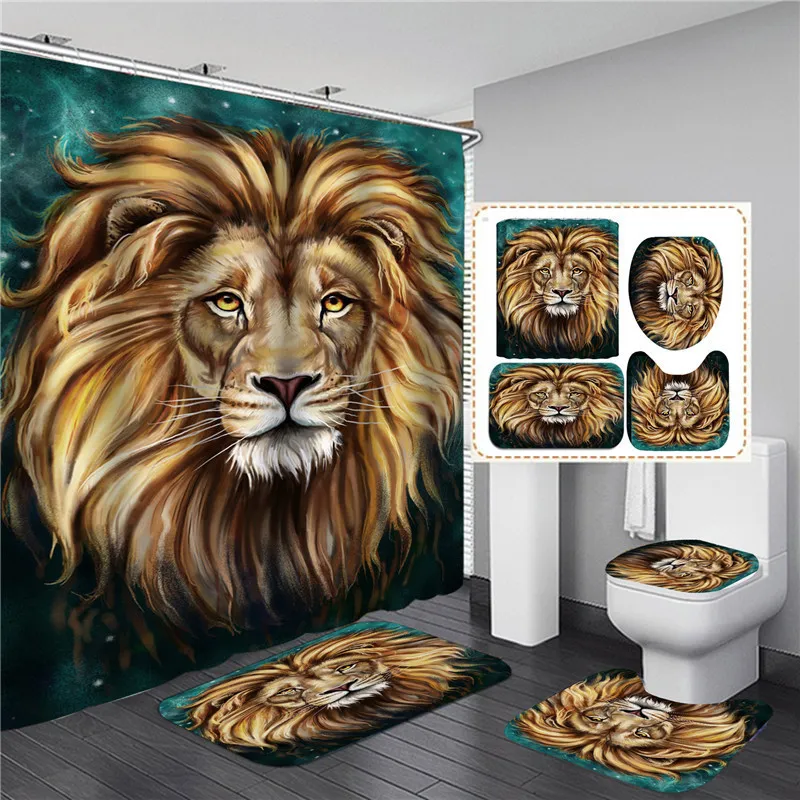 Svarta tiger djur tryckt duschgardin set badrum badskärm antislip toalett lock täckmatta mattor kök hem dekor 25022929