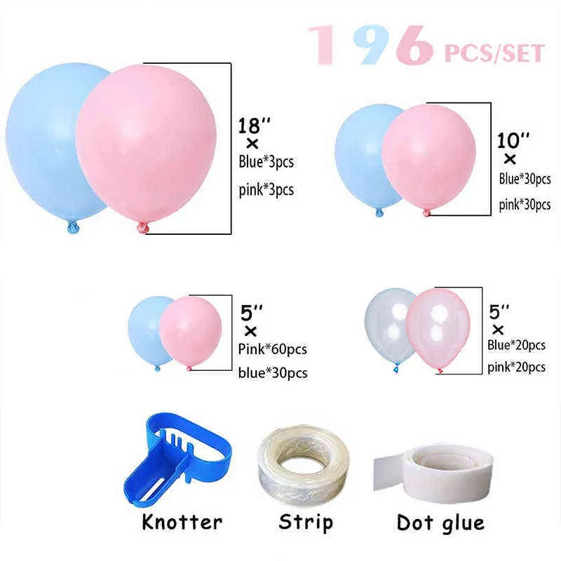 196 sztuk Niebieski Różowy Balon Girland Gender Under Ballons Arch Kit Boy Girl Baby Shower Decoration Globs Babyshower Party Supplies 211216