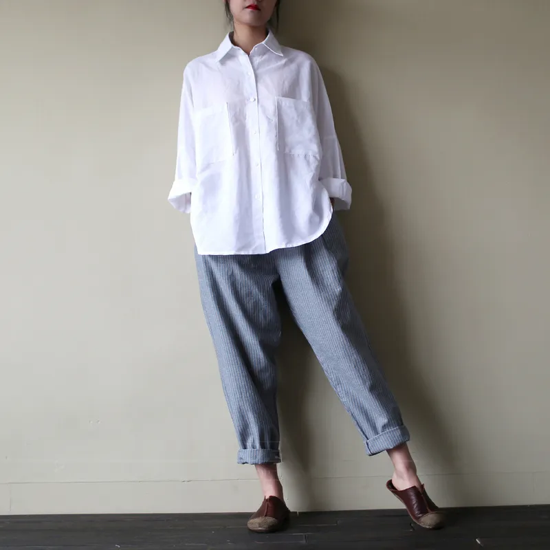 Women Striped Loose Pockets Long Harem Pants Casual Cotton Linen Elastic Waist Pantalon Work Turnip Trousers Oversized T200319