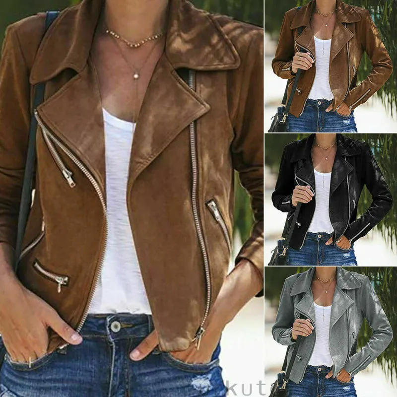 Dames des femmes Zip Up Veste en cuir suédé Casual Flight Coat Biker Tops Vêtements T200111