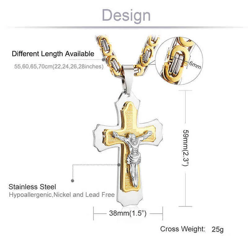 Biblia Color Plata Jesús Cross Cross Steel Colgantes Collares Bizantino Cadena Larga Collar para Hombres Joyería Colar Collier 220121