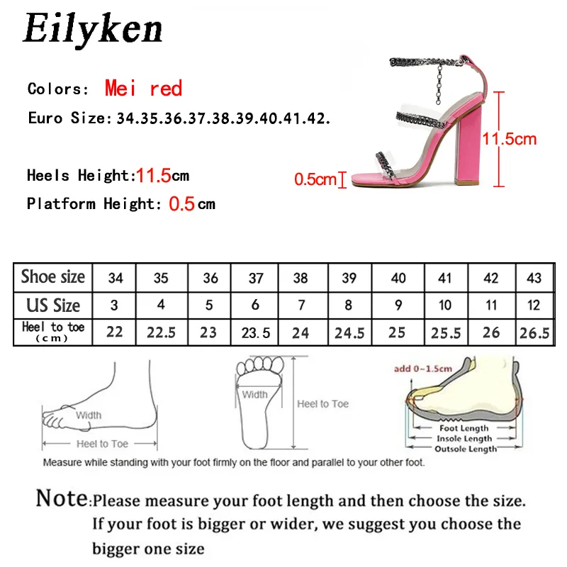 Eilyken Design De Mode Chaîne En Métal Décoration PVC Transparent Bout Ouvert Dames Sandales Cheville Boucle Talons Carrés Femmes Robe Chaussure 0928