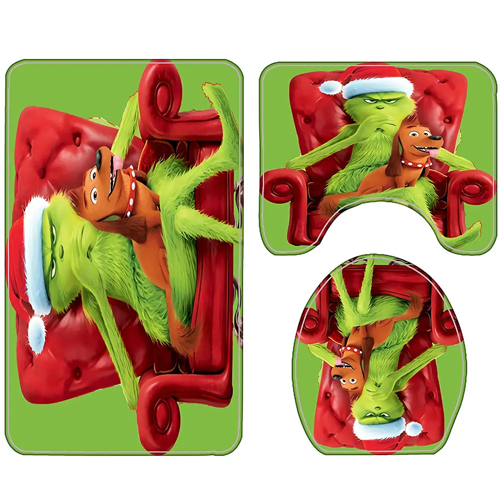 The Grinch Stole Christmas Wasserdichter Duschvorhang, Teppichbezug, Toilettenbezug, Badematte, 4-teiliges Set, 3D-Druck, Badezimmerdekoration 204542805
