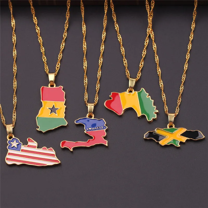 National Flag Carte Pendants Collier Jamaïque Amérique du Nord Afrique du Sud Nigeria Egypte Bijoux de mode Bijoux pour femmes Kids Y12282H