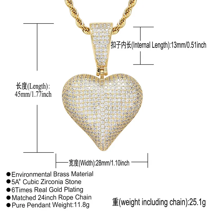 New Arrived Heart Shape Solid Back Pendant Necklace with Rope Chain Iced Out Zircon Mens Hip Hop Jewelry Gift325n