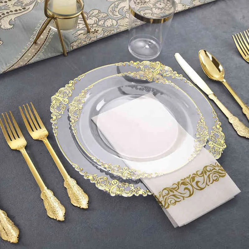 Disposable Tableware Transparent Golden Plastic Tray With Disposable Silverware Glasses Birthday Wedding Party Supplies 211216