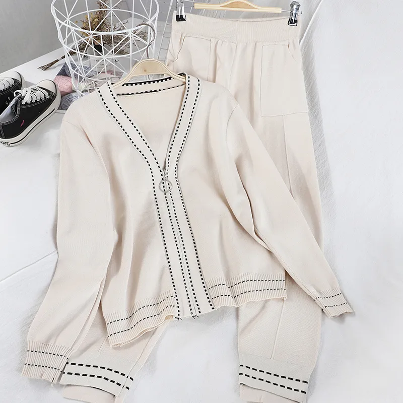 Women Casual Tracksuit Knitted Coat and Long Pants Suit 2019 Autumn New V-collar Zipper Up Cardigans +Trousers Set Female T200702