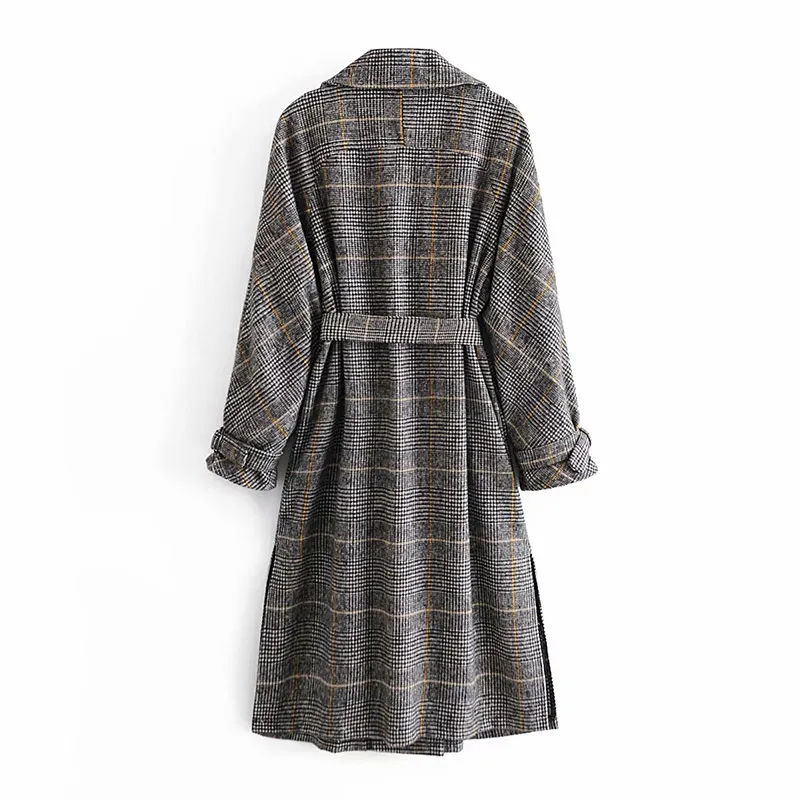 Women Plaid Coat V Neck Thicken Warm Woolen Cloak For Winter Autumn Knee Length Loose Elegant Sashes Outwear Plus Size 201215