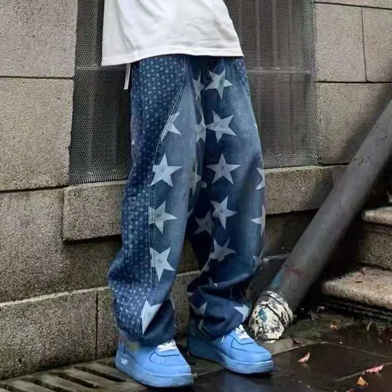 Washed Stars Embrodiery Streetwear-Jeanshosen für Männer und Frauen, gerade, übergroße, japanische Freizeit-Jeanshosen