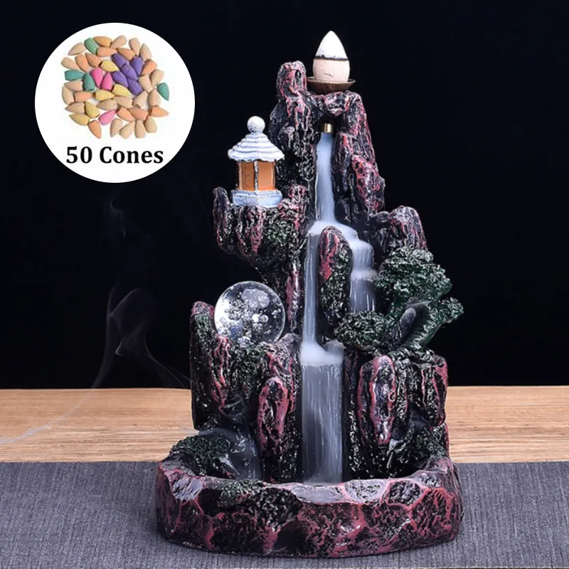 Waterfall Incense Burner Ceramic Mountain River Incense Holder Waterfall Porcelain Backflow Buddhi Holder with 50 Cones7388927