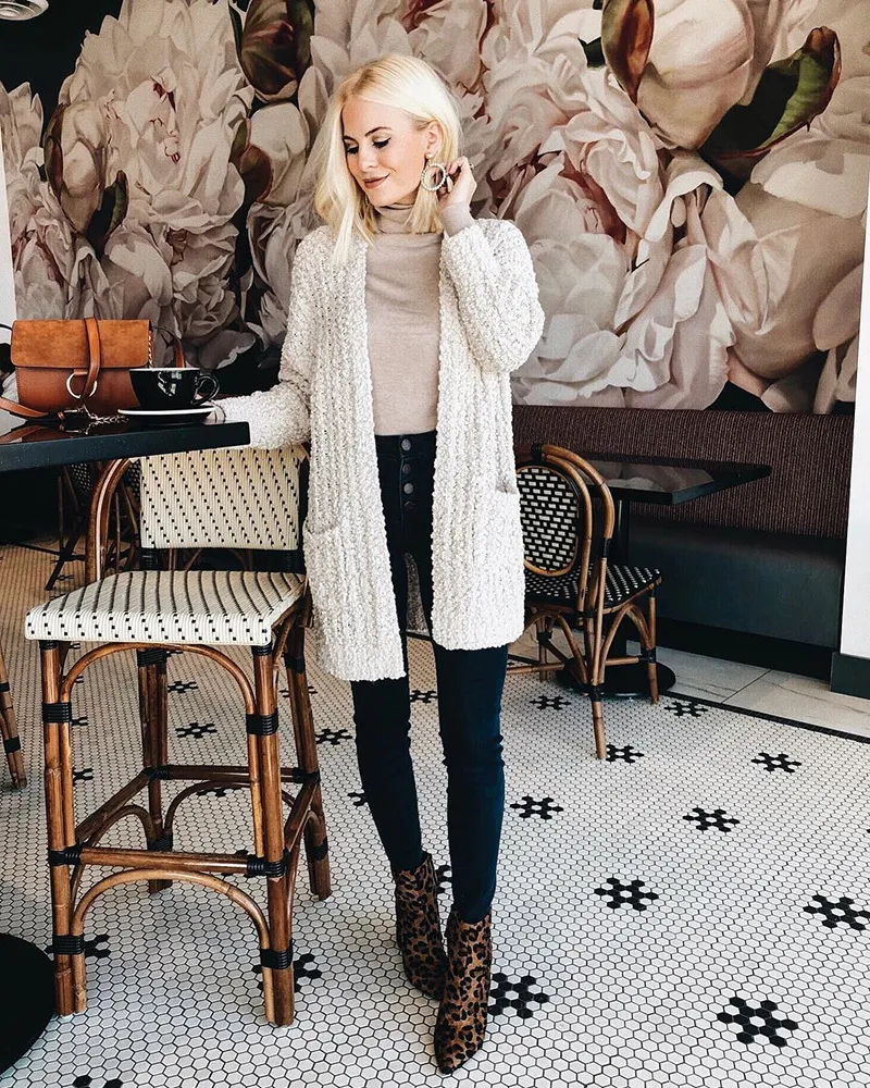 Fitshinling Boho Holiday Winter Winter Cardigan Feminino Moda feminina Slim Bolsets White Knit