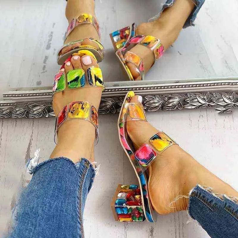 Sandálias mulheres saltos quadrados verão sandálias peep toe senhoras multi cores cunha sapatos sandalias de verano para mujer y220209