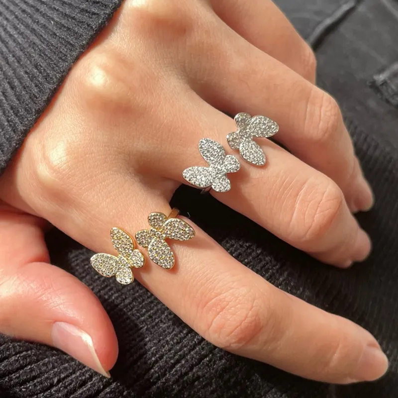 Дизайнерские кольца с регулируемыми изящными бабочками для женщин, дизайнерское кольцо из стерлингового серебра 925 пробы 5А с кубическим цирконием, дизайнерское кольцо из 18-каратного золота Fashi2537