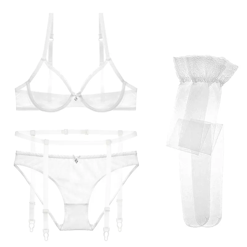 Varsbaby sexy fil transparent sans doublure soutien-gorge à armatures ensemble soutiens-gorge + jarretières + culottes + bas pour dames Y200708