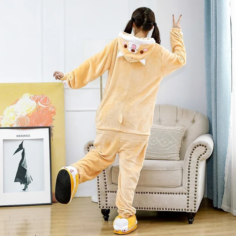 Kigurumi Adult Women Men Animal Corgi Pajamas Flannel Cartoon dog Cosplay Onesie corgi Warm Winter pijama Y200708