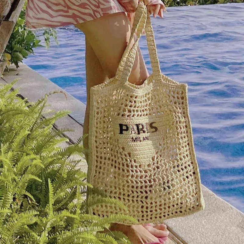 Shopping Bags Designer Brands Hollow Letters Large Straw Tote Fashion Paper Woven Women Shoulder Summer Beach Handbag Luxury Big Bali Bag 220301