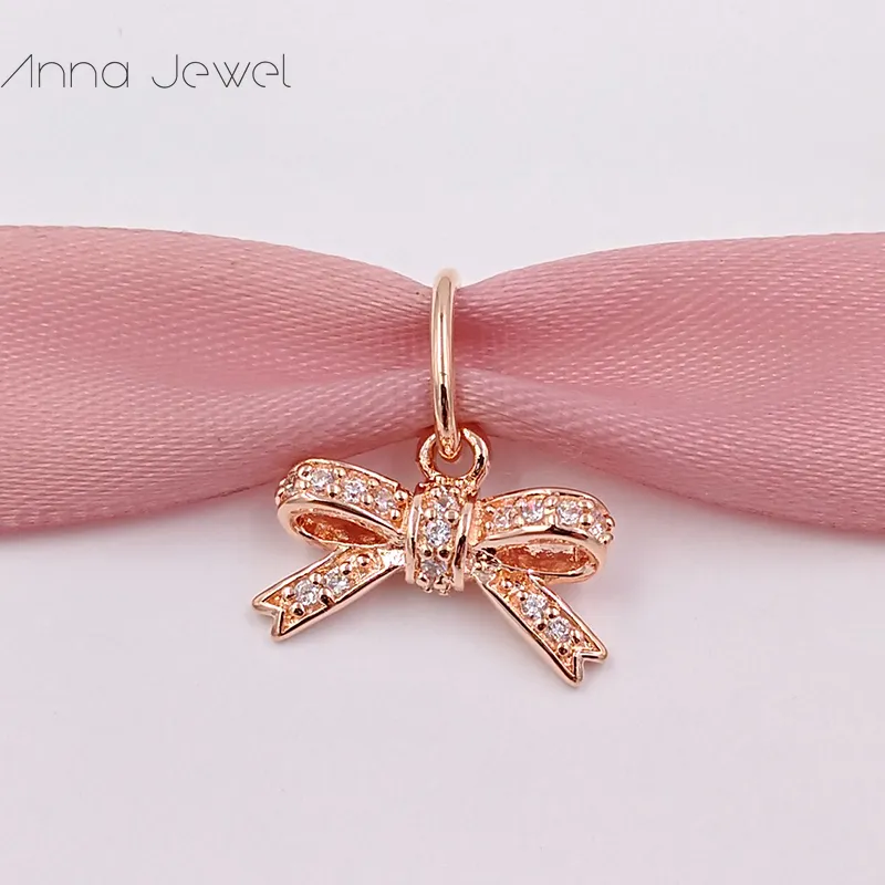 No color fade off Solid Rose Gold Bow with CZ Pandora Charms for Bracelets DIY Jewlery Making Loose Beads Silver Jewelry wholesale 380357CZ