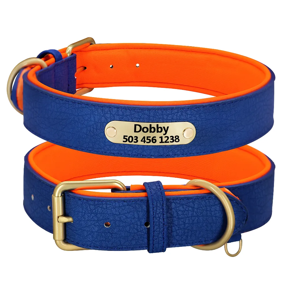 Leather Dog Collar Personalized Custom s Name Collars 2 Layer Padded Tag Adjustable for Small Medium Large s Y200917