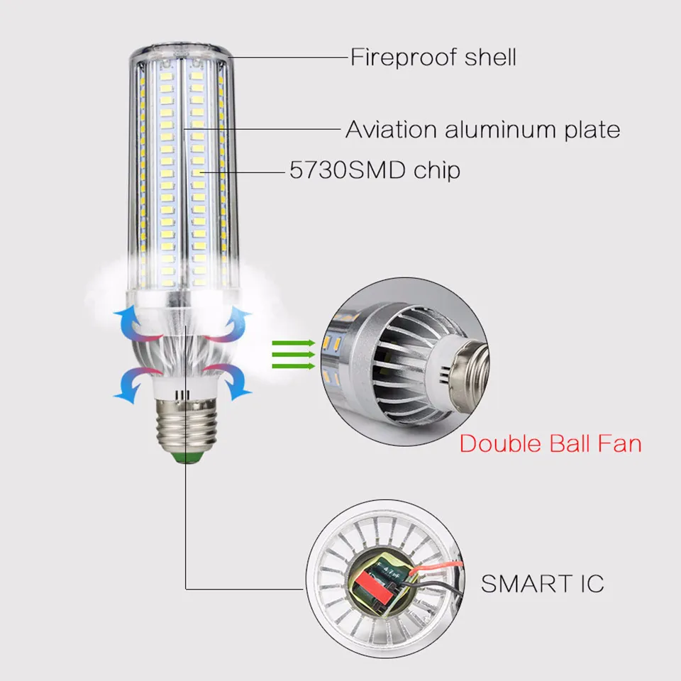 Bütün Yüksek Güç LED Mısır Işık 25W 35W 50W Mum Ampul 110V E26 E27 LED Ampul Alüminyum Fan Soğutma Titreşim Yok 265V