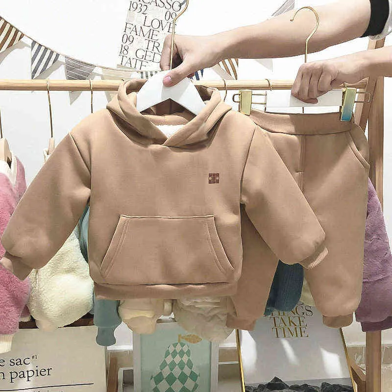 Mode né bébé fille garçon vêtements ensemble sweat à capuche et pantalon 2 pièces doublure polaire chaude costume à capuche vêtements d'hiver ensemble 0-3Y 220118