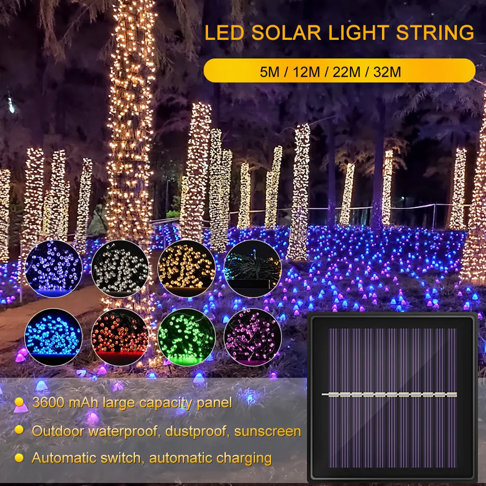 12m / 22m / 32m Christmas Luzes de Natal ao ar livre LED Solar Corda Luz À Prova D 'Água RGB Fada Luzes de Fadas Pátio Festa de Casamento Decoração 201130