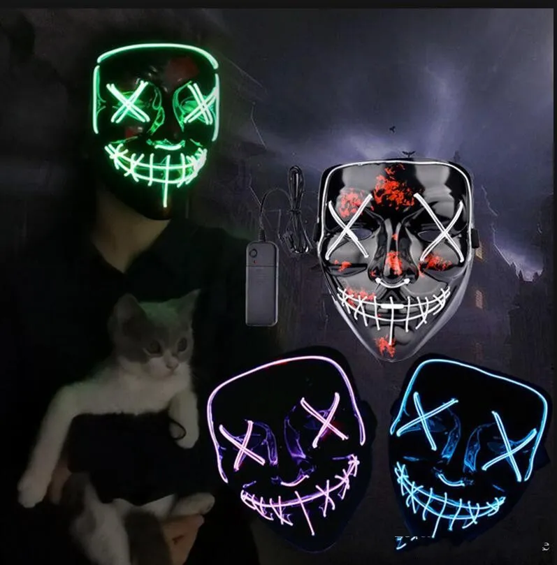 Livraison rapide Masque d'horreur d'Halloween LED Masques lumineux Masques de purge Élection Mascara Costume DJ Party Light Up Masques Glow In Dark 10 couleurs
