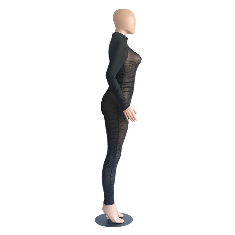 2019 Nouveau à manches longues Noir Sexy Bodycon Jumpsuit pour les femmes Mesh Voir à travers Skinny Barboteuses Femme Drapé Sortir Club Salopette T200107