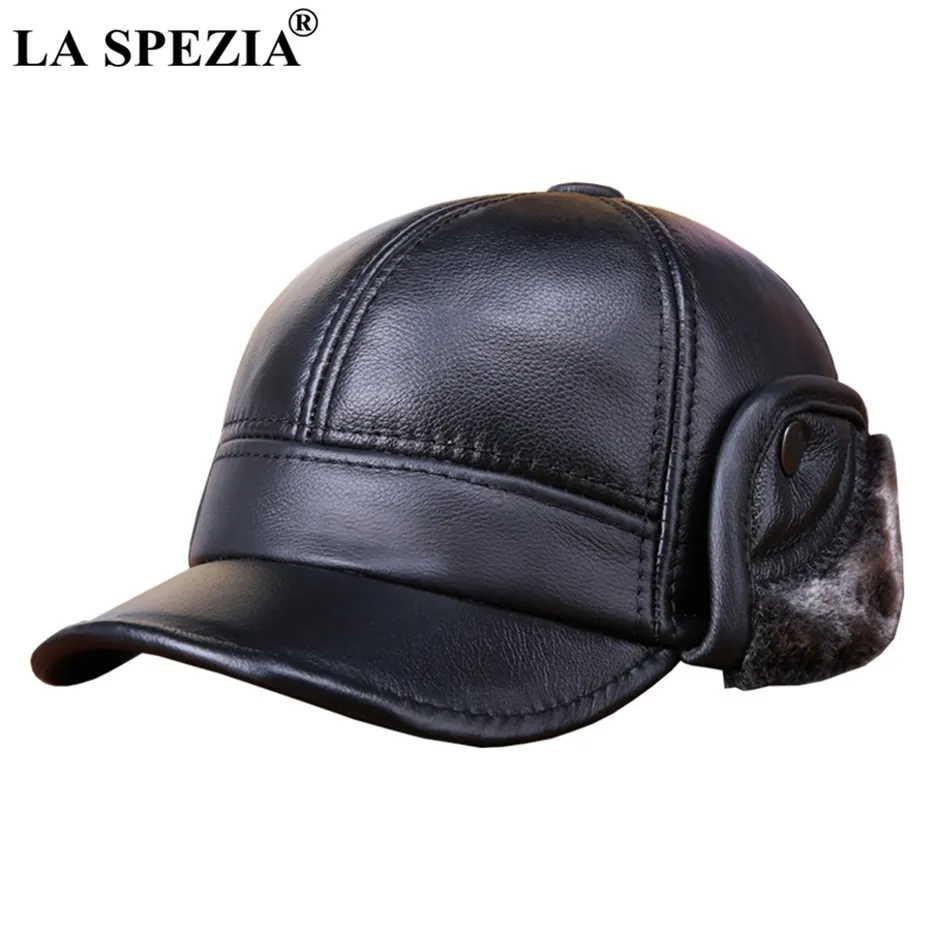 LA SPEZIA, gorras de béisbol de invierno con orejeras de piel, sombrero de cuero de vaca auténtico para hombre, sombrero de pico de pato grueso y cálido, sombrero de cuero marrón de lujo para hombre J1225