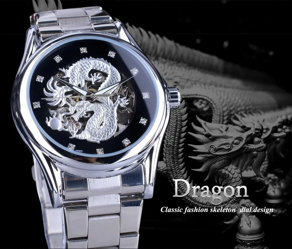 Forsining Diamant Montre Design Argent Inoxydable Automatique Dragon Affichage Hommes Homme Montres De Luxe Poignet Marque Classique Top Acier H231s