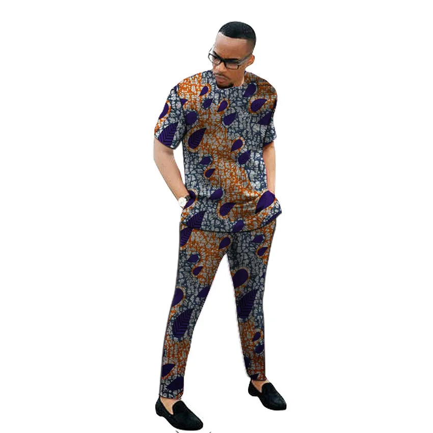 African print men's set clothing kente tops matching trousers Ankara outfits shirt+pant custom made man groom suits LJ201125