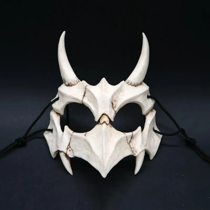 Halbtiermaske Lange Zähne Dämon Samurai Weiße Knochenmaske Tengu Dragon Yaksa Tiger Harz Mask Cosplay T2005098003519