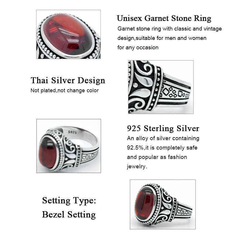 925 sterling silver naturlig granatring för män med röd stenfinger vintage snidad design smycken manliga kvinnor gåva 211217