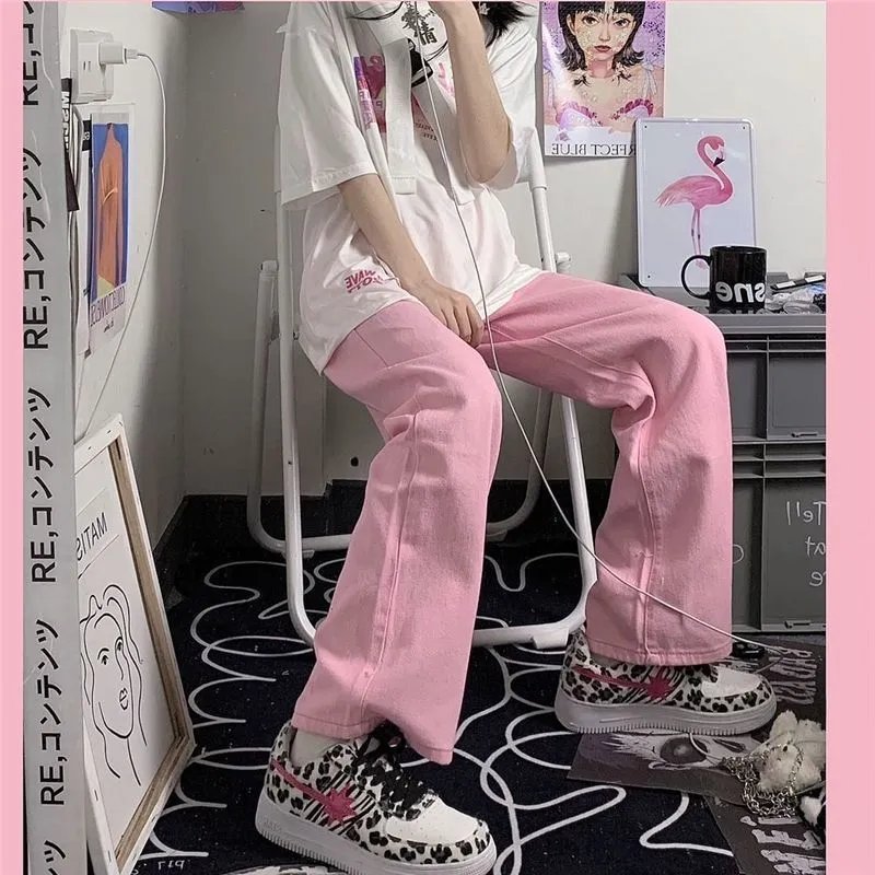 HOUZHOU Y2K Baggy Pink Jean Kawaii Moda coreana Oversize a vita bassa Pantaloni larghi in denim Streetwear Pantaloni larghi Alt 220310