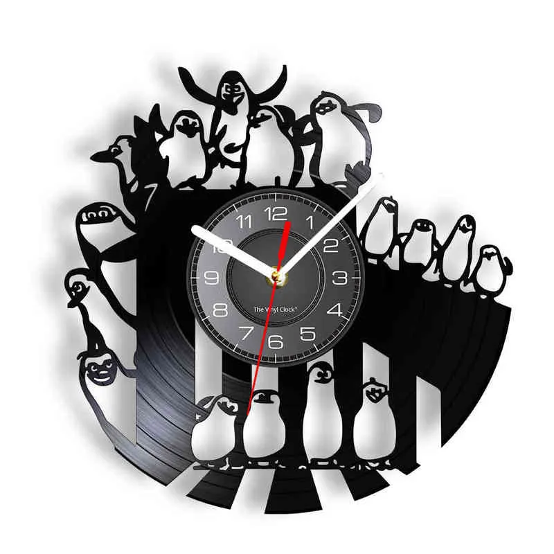 Pinguïns Silent Non Ticking Wandklok Voor Baby Kamer Dierdecor Aquatic Flightless Birds Shadow Art Vinyl Muziek Record Clock H1230