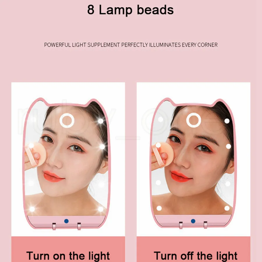 Bärbara 8 LED-lampor Makeup Compact Spegel Dubbelsidig vikning med förstoringsglas Små spegelverktyg