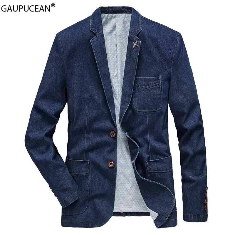 Bomull män denim kostymjacka singel breasted fickor blå avslappnad gata vår höst male outwear slim man cowboy blazer lj201103