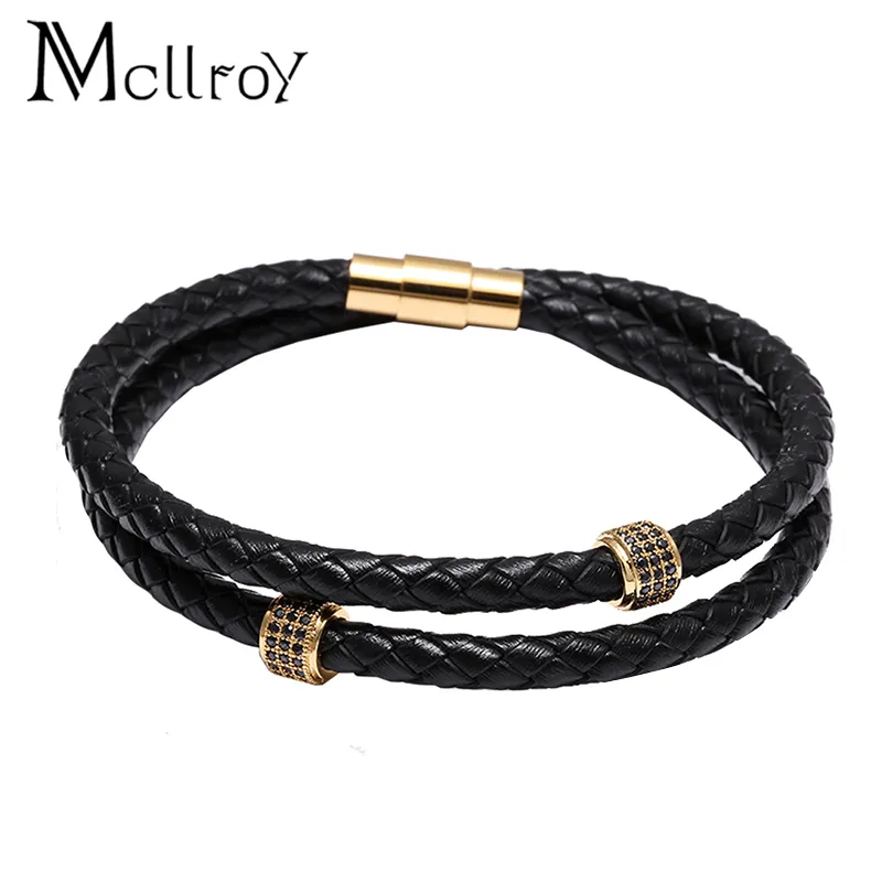 Mcllroy Bracelets pour hommes en acier inoxydable Bracelet en cuir noir Bracelet Style Punk bijoux de mode fermoir magnétique Y200107230v