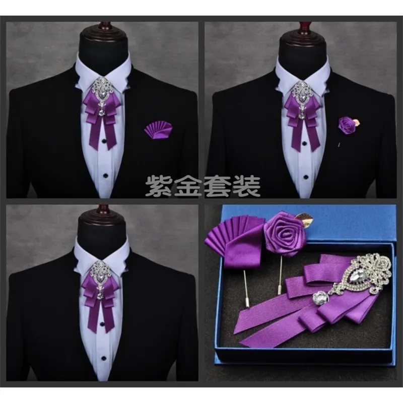 Masculino moda masculina diamante high-end arco noivo padrinhos acessórios de colarinho de casamento gravata rosa broche conjunto de toalha de bolso 201028267n