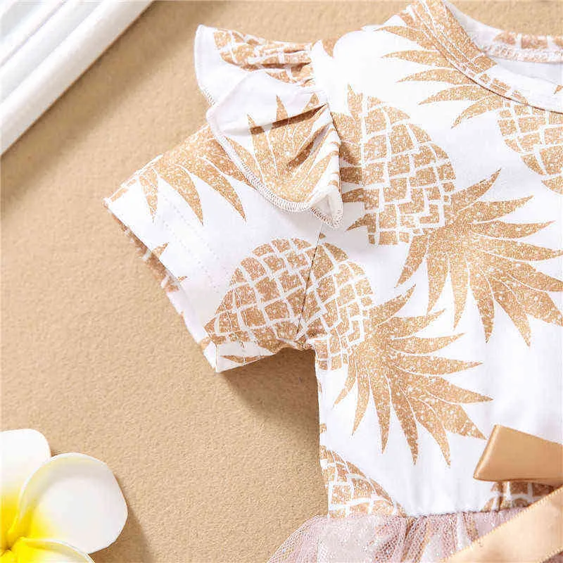 2st Baby Summer Romper Suit Pineapple Print o-hals Kort ärmar Jumpsuit kjol med hårband för småbarnsflickor G1221