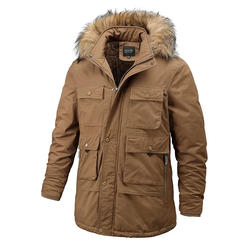 Giacca invernale da uomo Parka da esterno Cappotto plus size Collo di pelliccia Cappotto caldo con molte tasche Giacca da lavoro sportiva da esterno Uomo foderato in pelliccia 201210