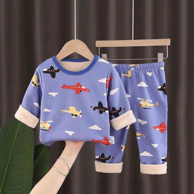 Children's Sleepwear Suits Full Pullover Tees Pants 2-Pieces Set Clothes Winter Cartoon Kids Boy Girl Fleece Padded Warm Pajamas 211224