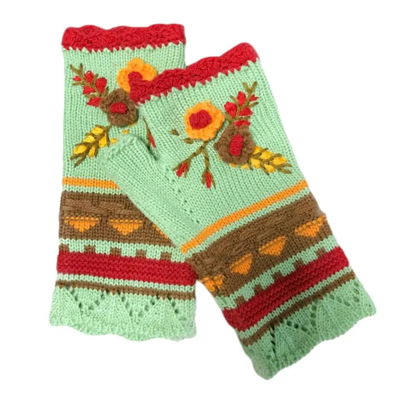 Five Fingers Gloves Knitted Long Hand Women's Warm Embroidered Arm Warmers Kawaii Winter Fingerless Touchscreen Girl Outdoor12589