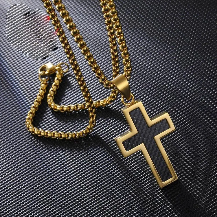 Ожерелья с подвесками, классический крест, мужское ожерелье из углеродного волокна, подвеска из нержавеющей стали, звено цепи 24 дюйма, религиозные аксессуары2581